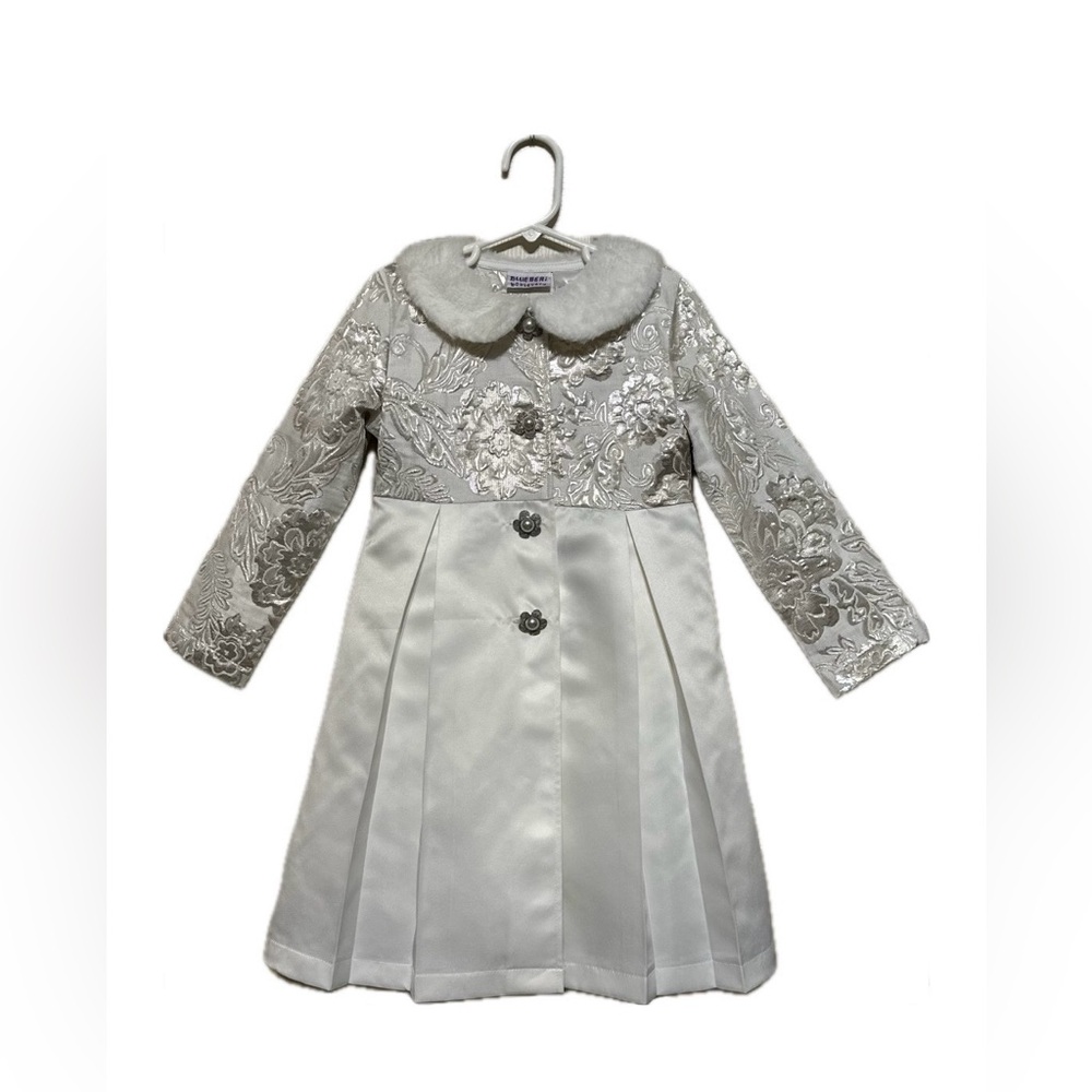 Blueberi Boulevard Embroidered White Faux Collard Coat & Dress (Size 6/6X Girls)